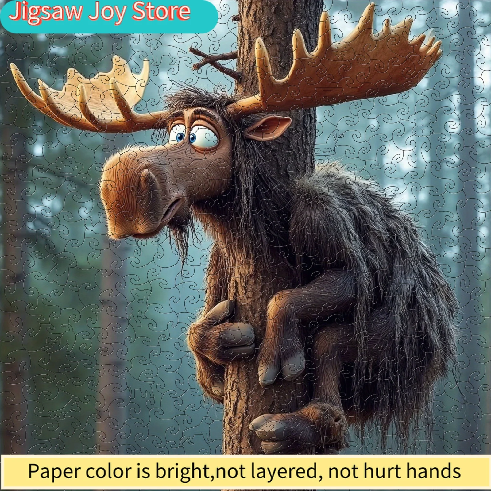 

A Box of 500 Wooden Jigsaw Puzzles Featuring a Cartoon Moose in a Forest Theme. The Moose Looks Adorable, Hugging a Tree Trunk