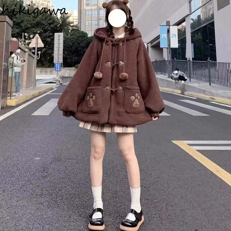 Cute Japanese Jackets Women 2023 Ropa Mujer Preppy Style Fall Winter Clothes Hooded Thicked Outwear Y2k Tops Fashion Sweet Coat