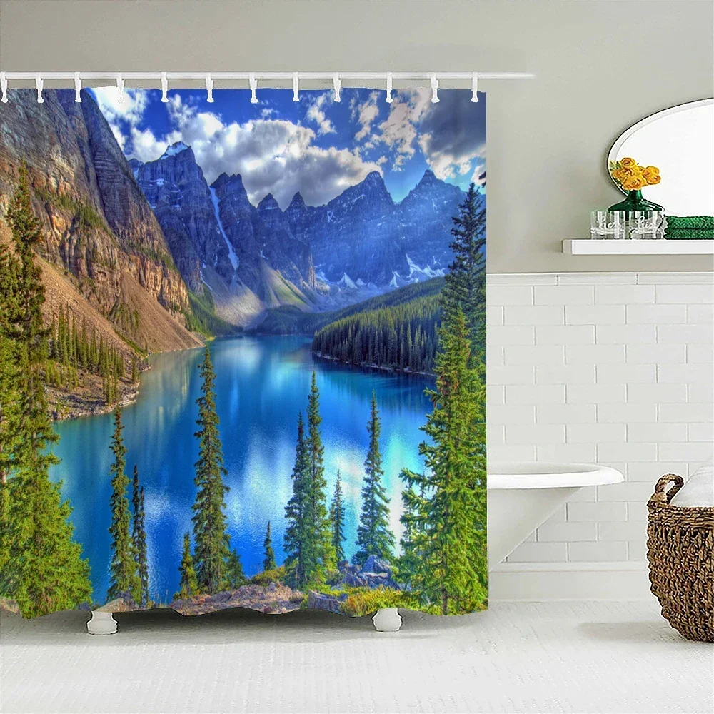 Dafield Mountain Shower Curtain Nature Pictures Lake Landscape Primitive Smoky Cloth Black Forest Fabric Bathroom Shower Curtain