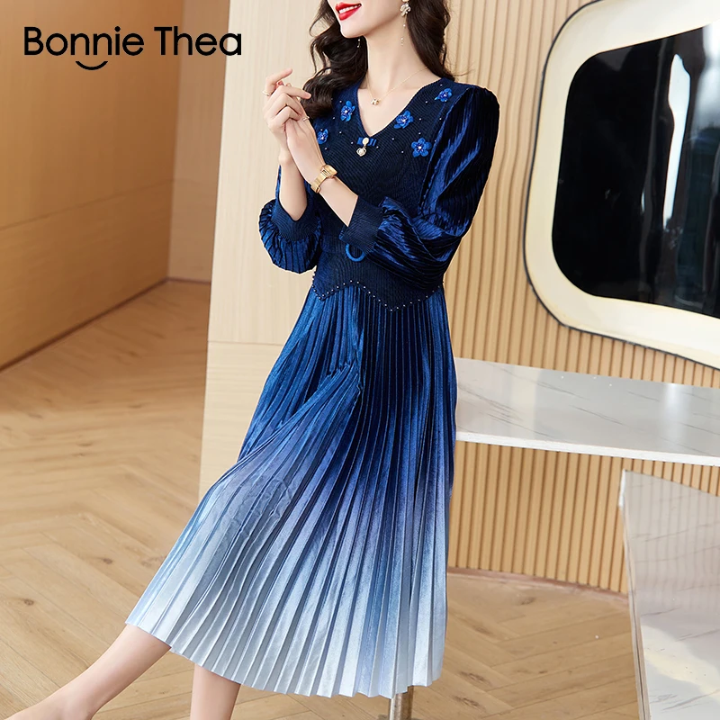 

Bonnie thea Miyake New autumn Velvet Pleated Party Dress Women V-neck Gradient Long Dress Vintage Midi Vestidos 2023