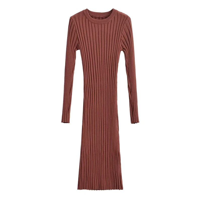 

New Autumn Winter Women Long Sleeve Round Neck Pit Stripe Knit Dress Bodycon Vestidos