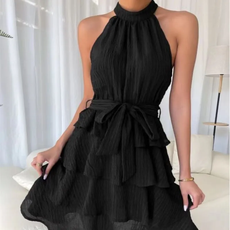 Elegant Women\'s Blue Neck Tied Mini Dress Vestidos Spring And Summer Fashion New Style Patchwork Sleeveless Ruffle Edge Dress