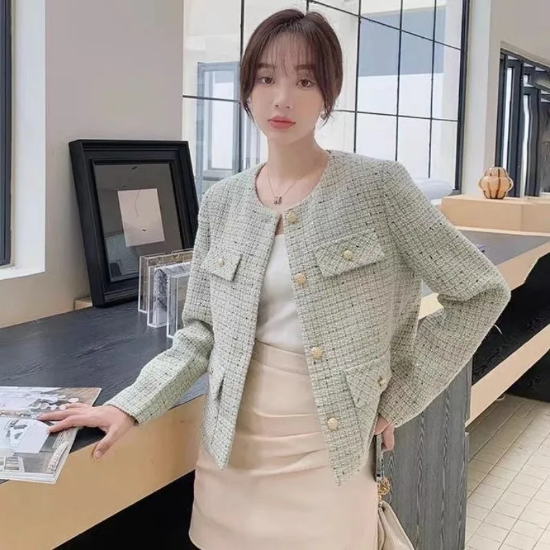 Small Fragrant Coat Autumn Women Cropped Tweed Jacket Single-breasted Long Sleeves High-end Luxury Office Ladies Outerwear New