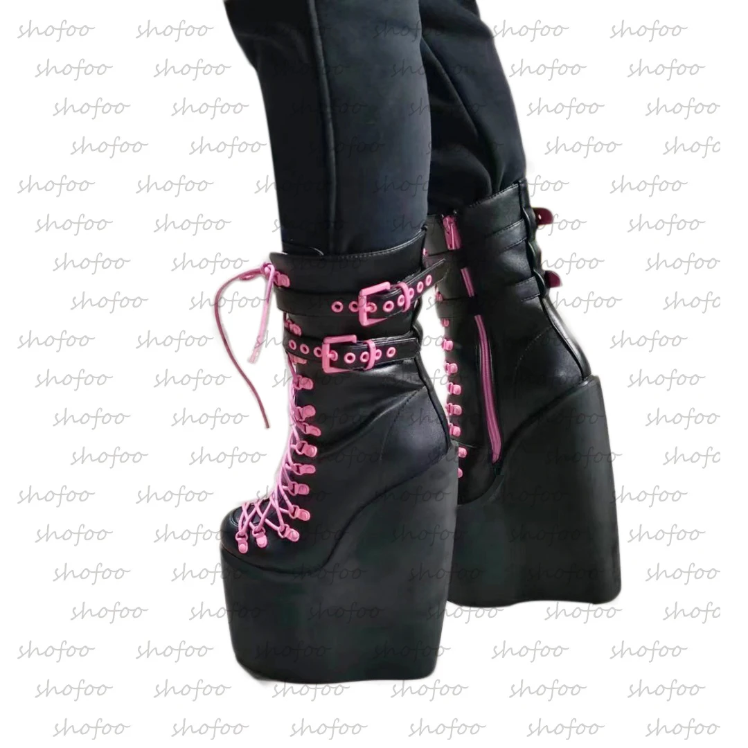 SHOFOO shoes Fashionable women's high-heeled boots. About 20cm heel height. Ankle boots. Wedges boots. Platform boots. size34-46