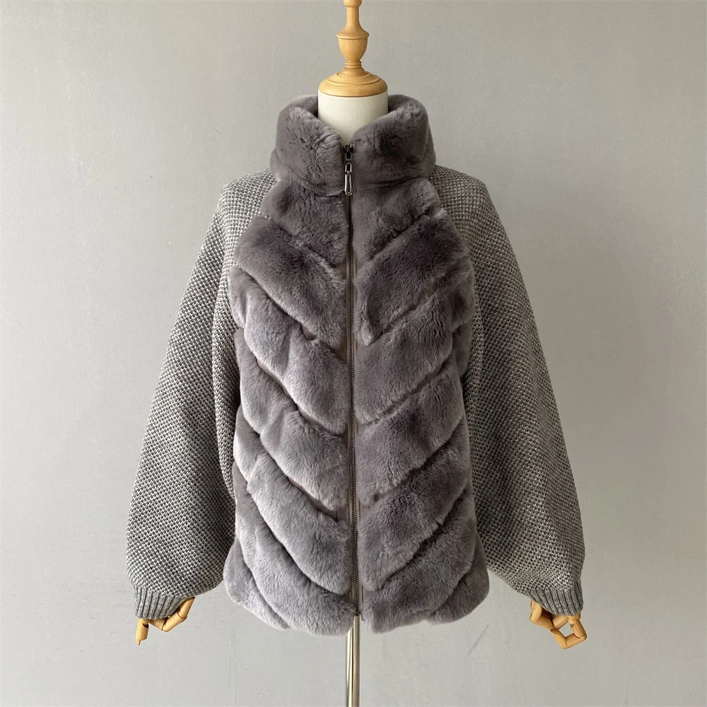 معطف نسائي من الفرو الحقيقي من Jxwatcher بأكمام محبوكة سترة من فراء الأرانب الطبيعي 2025 تصميم جديد لشتاء معاطف فرو دافئة للسيدات