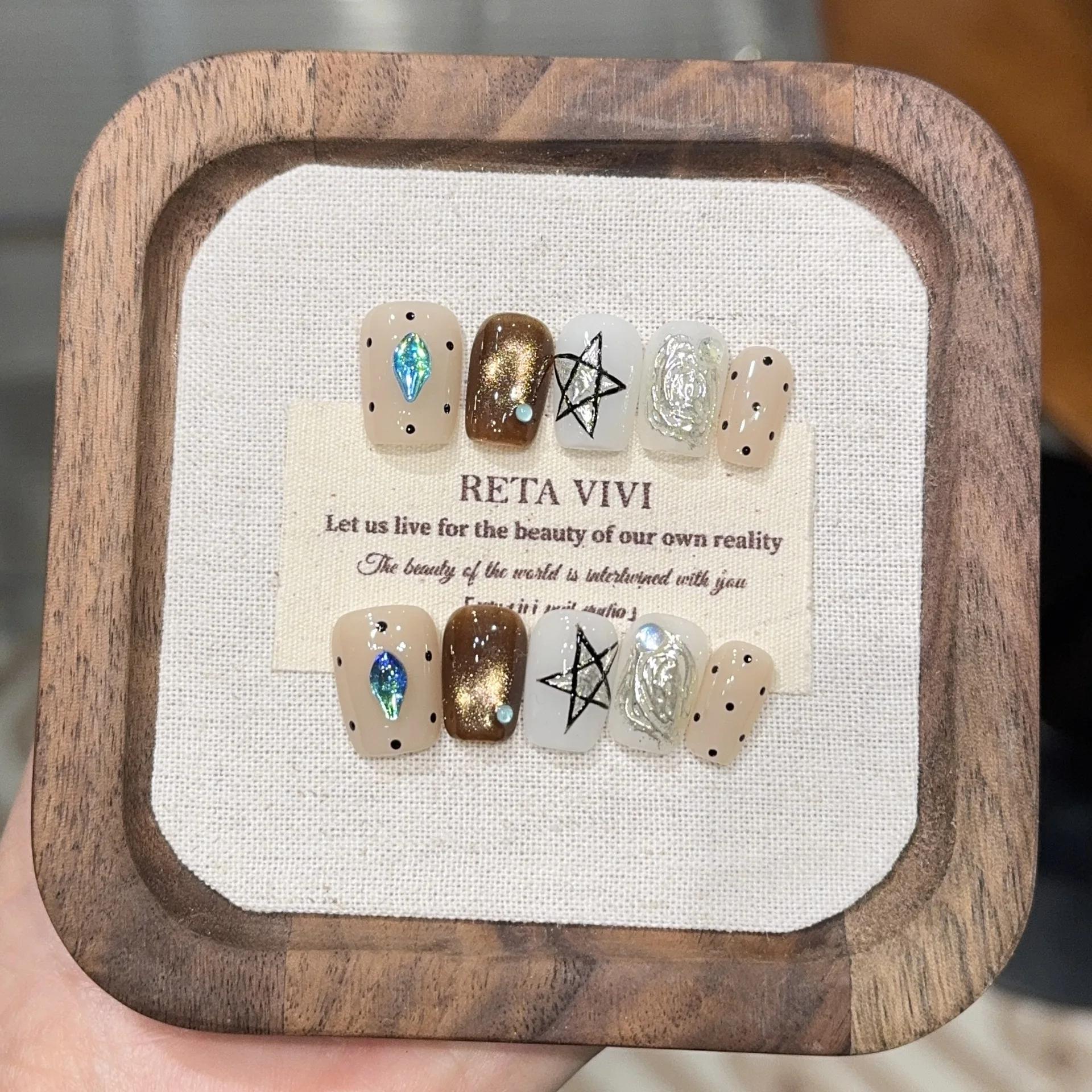 

10 шт., ручная работа, накладные ногти, блестящие кошачьи глаза в горошек, звезда, синий дизайн со стразами, накладные ногти, носимые советы по дизайну ногтей для девочек