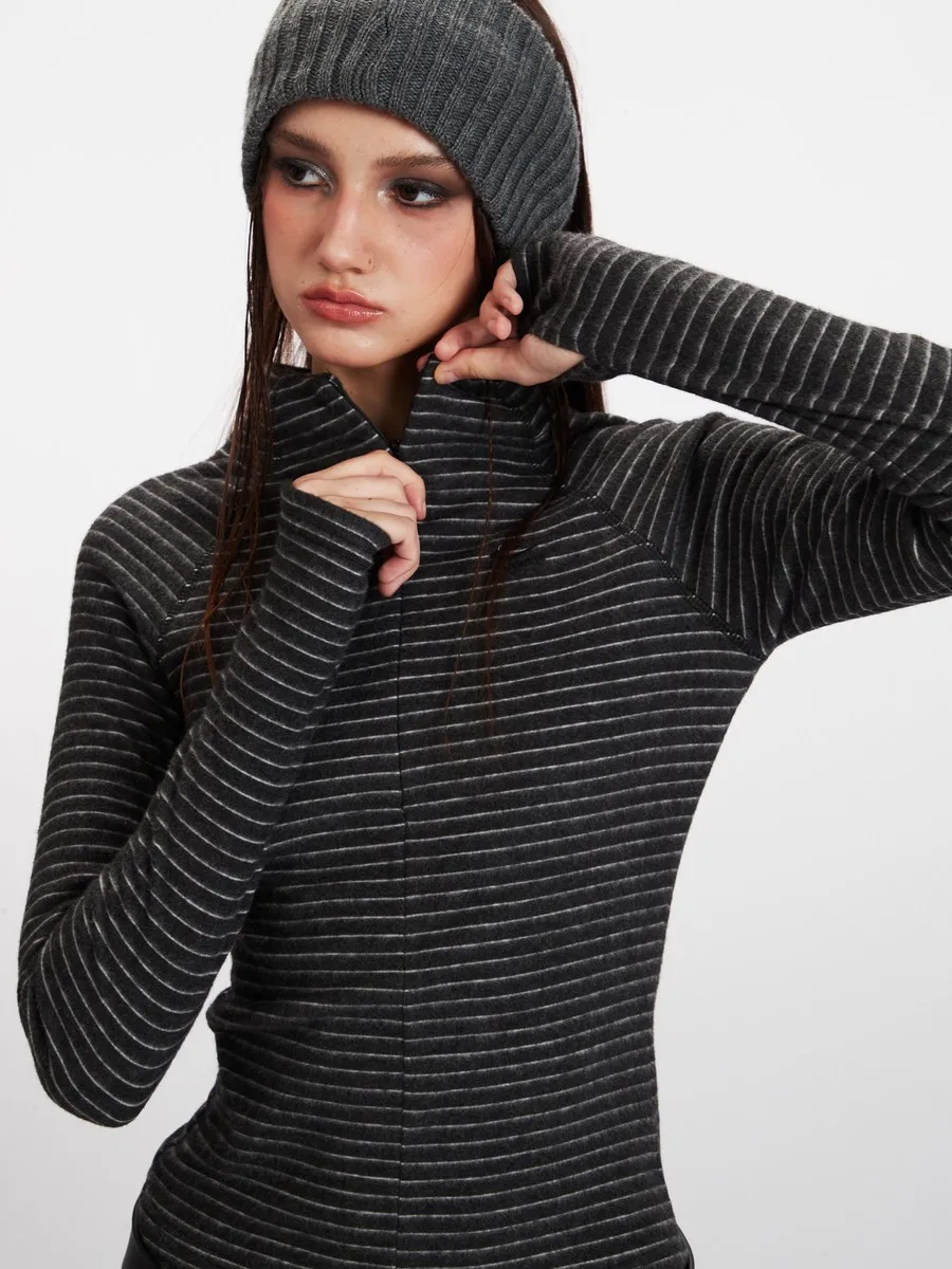 

Невидимые полосатые офисные деловые элегантные облегающие зимне-осенние футболки на молнии для фитнеса, топы с длинными рукавами для женщин и девочек