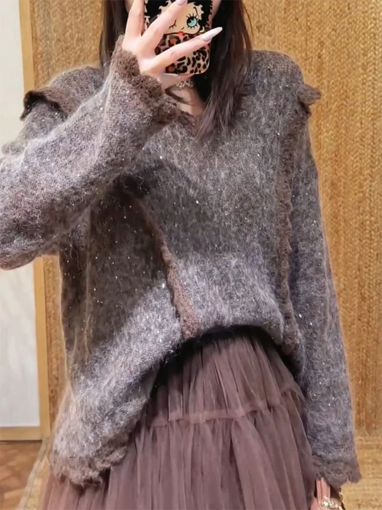 

Корейский дизайн, мягкий трикотажный топ с пайетками и V-образным вырезом, осенне-зимняя новинка, большие размеры, элегантный, стройнящий, для женщин