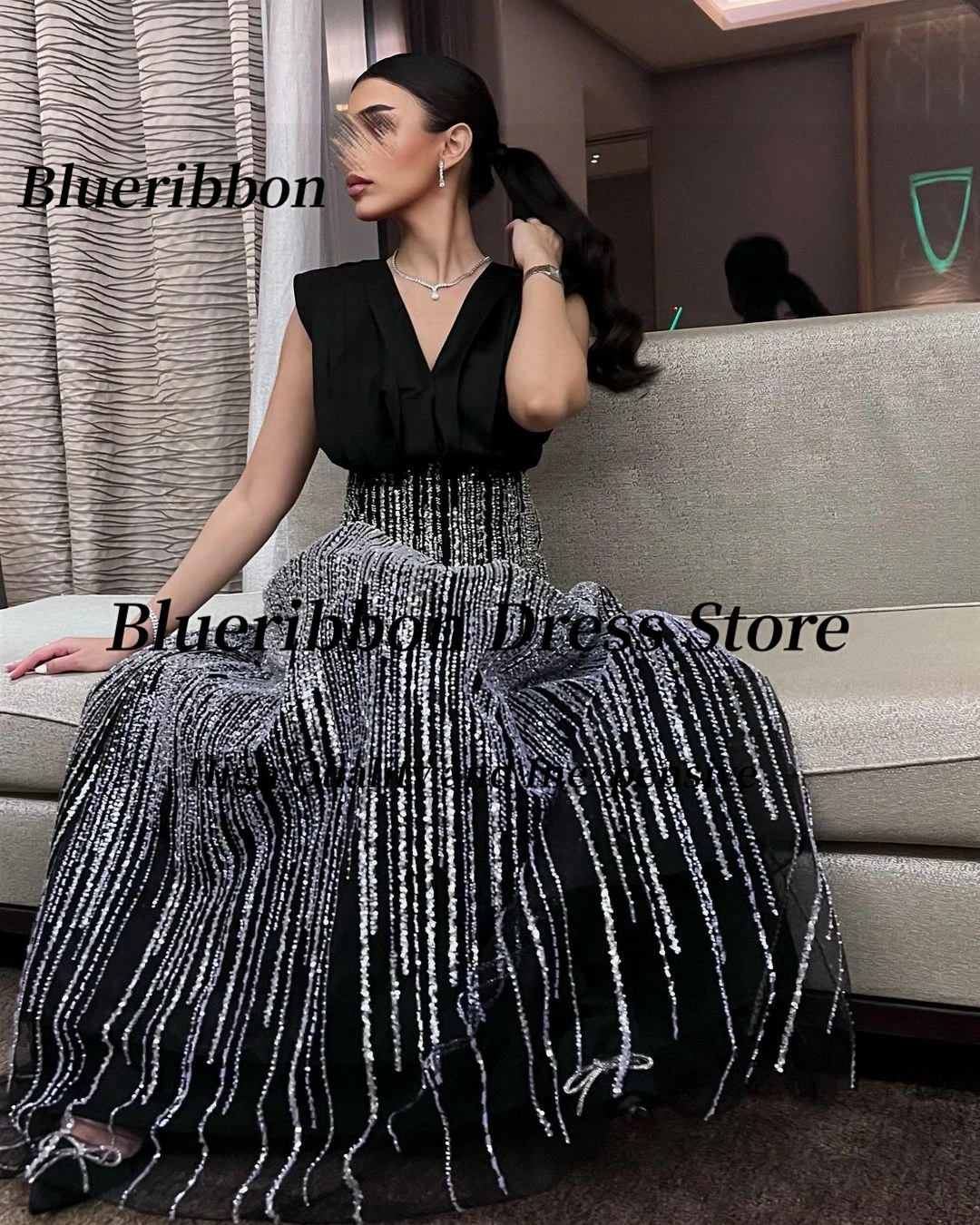 Blueribbon تألق خط طويل فساتين لحضور الحفلات الموسيقية Ruched الخامس الرقبة حفلة عيد ميلاد السيدات ارتداء مخصص فساتين السهرة الرسمية مأدبة