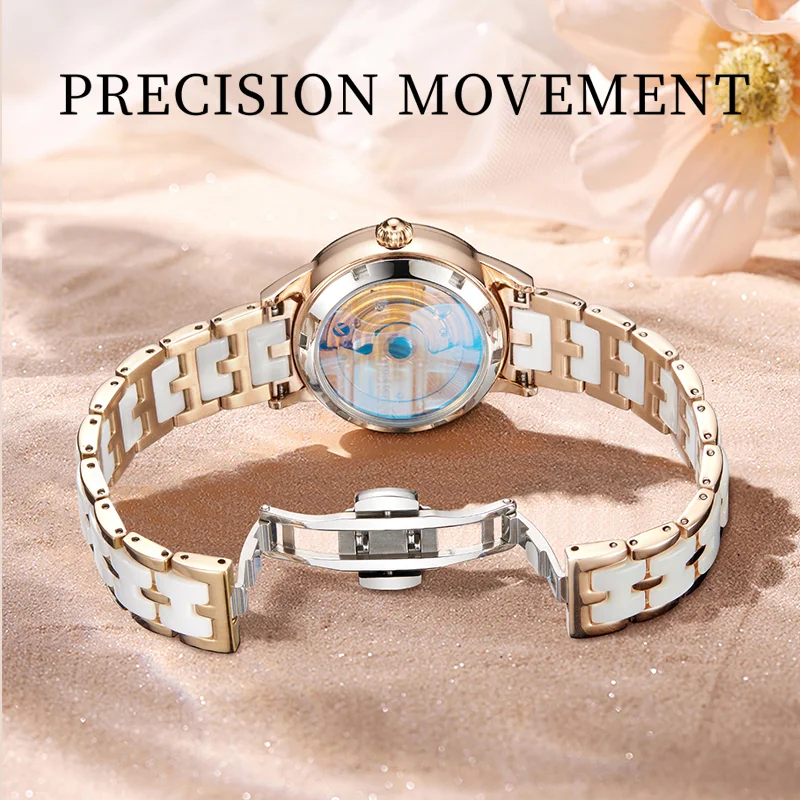 JINLERY Women Mechanical Watch Waterproof Charming Ceramic Stainless Steel Strap Dress Flower Dial Wristwatch Relogio Feminino