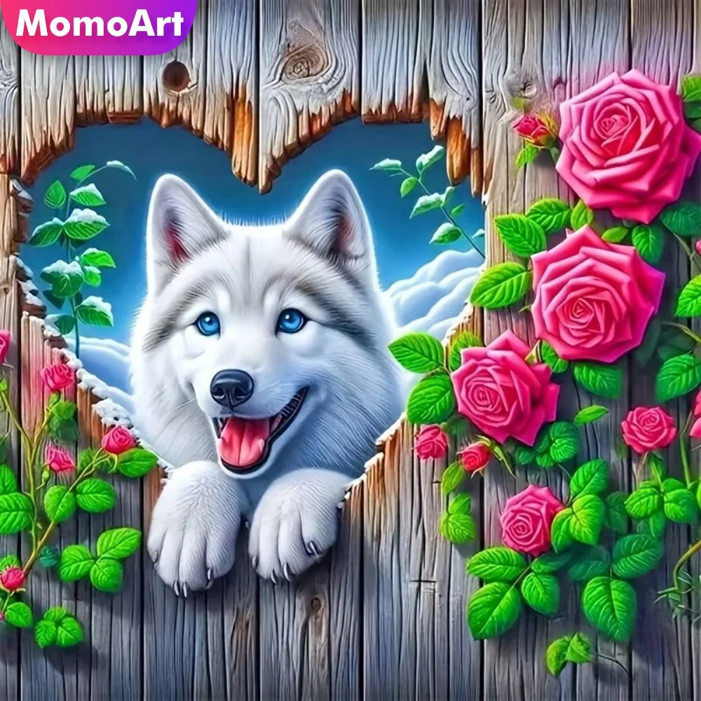 Momoart DIY Diamantmalerei Wolf Tier Vollquadrat Runddiamant Mosaik Hund Stickerei Blume Wohnzimmer Kunsthandwerk