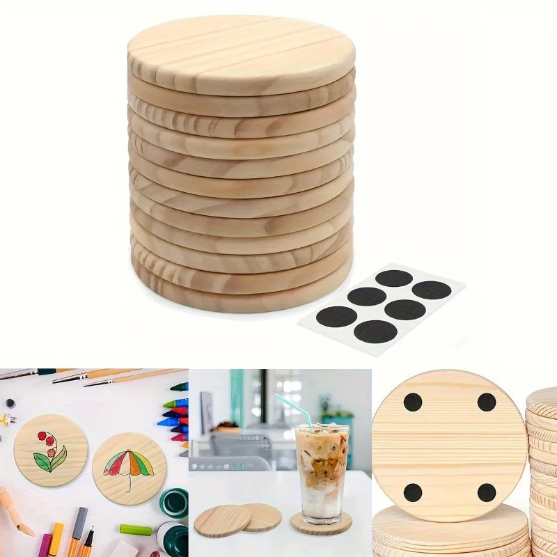 DIY Wooden Coaster Set: 5 Blank Round Coaster with Grip Handle, Perfect for Staining, Painting, and Woodworking Projects