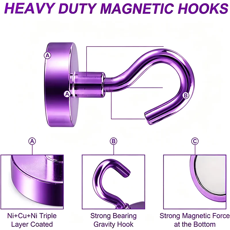 Purple Super Strong Heavy Duty Magnet Powerful Magnetic Hooks Hanger Great Pull Force Perfect for Home Kitchen Bar School Garage