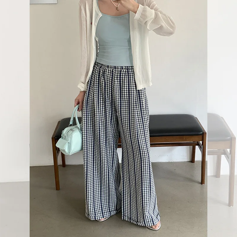 Pantaloni scozzesi Petite con design a righe in pizzo blu Donna 2025 Pantaloni lunghi dimagranti drappeggiati a vita alta nuovi estivi