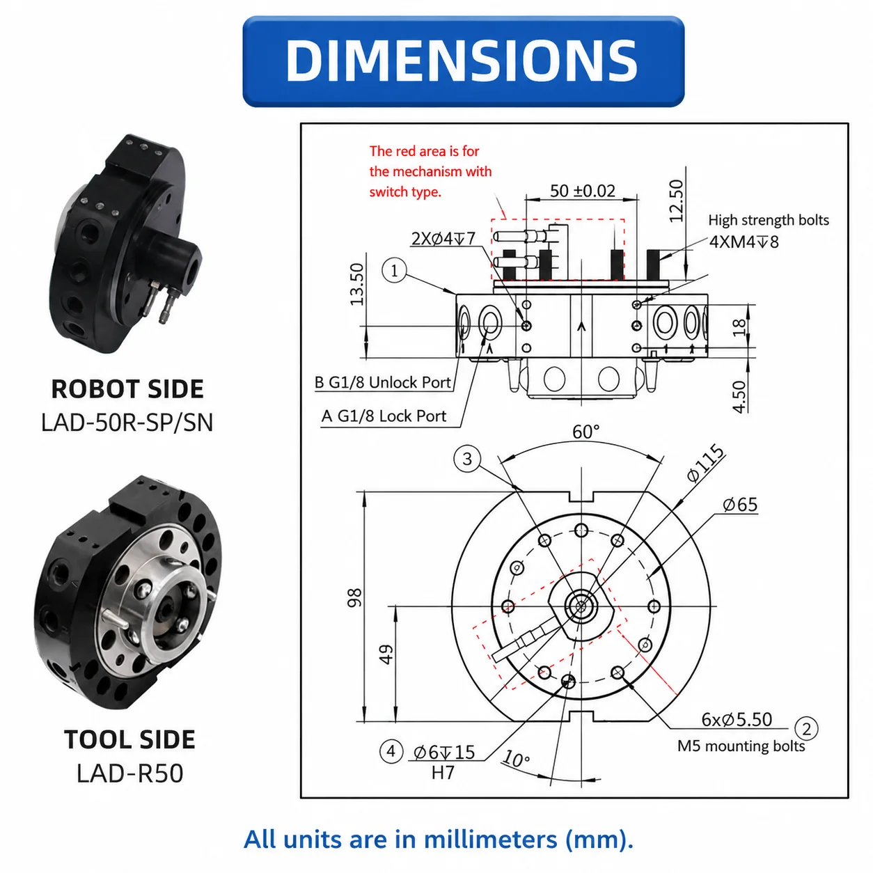 LADUNG Robotics End-of-Arm Tooling (EOAT) Quick-Change Module 50kg (LAD-R50) Automatic Quick-Change Plate / Tool Changer (QCA50)