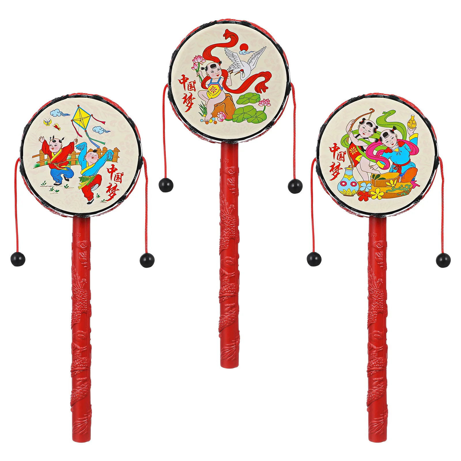 

3pcs Small Traditional Drum-shaped Rattle Early Education Hand Shaking Drum Toys Rattle-drum Hand Drum