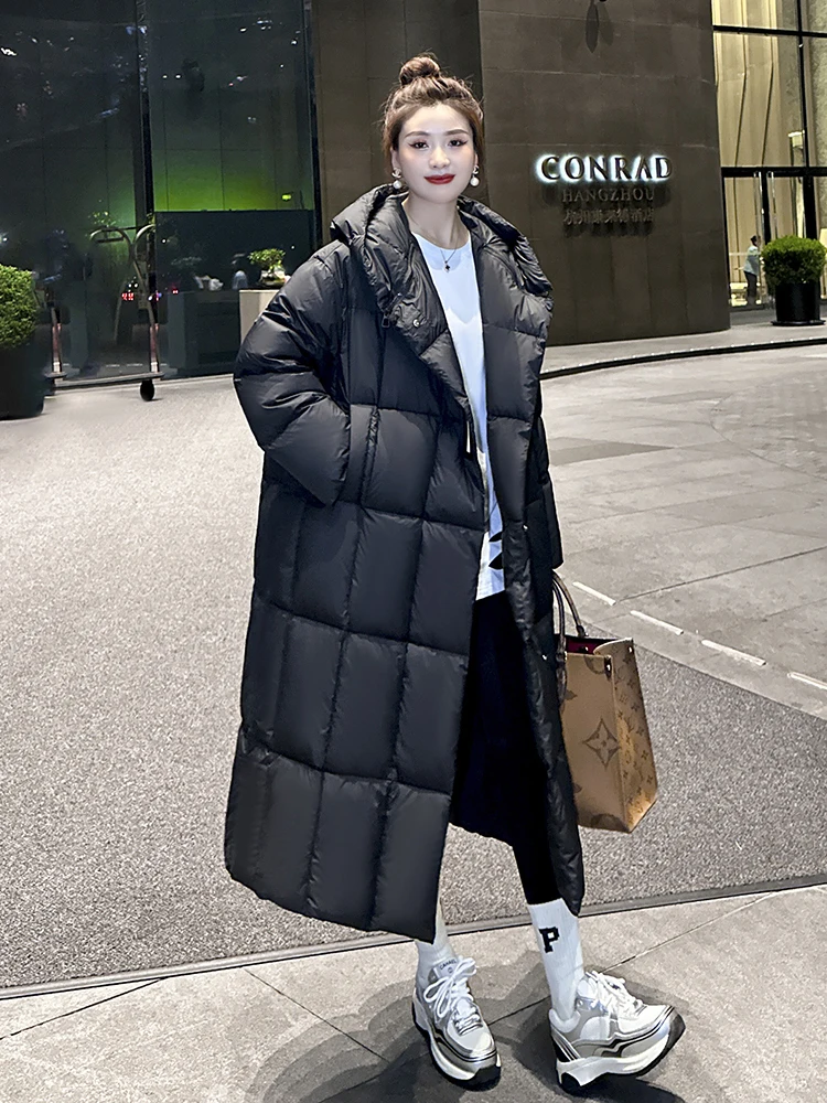 Winter Warm Thick Long Down Jackets Outwear with Removable Hood Solid Coat Women Down Jacket Casual Loose Knee Length Overcoat