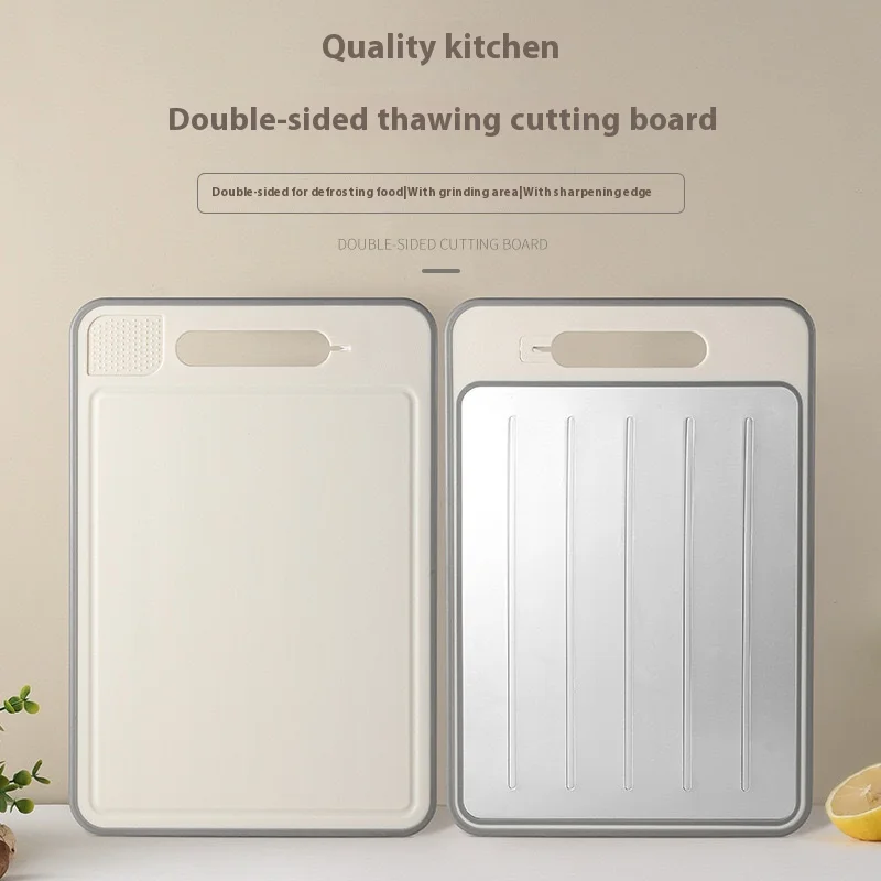 

Double sided quick thawing aluminum alloy cutting board, household with knife sharpener, grinding garlic paste cutting board