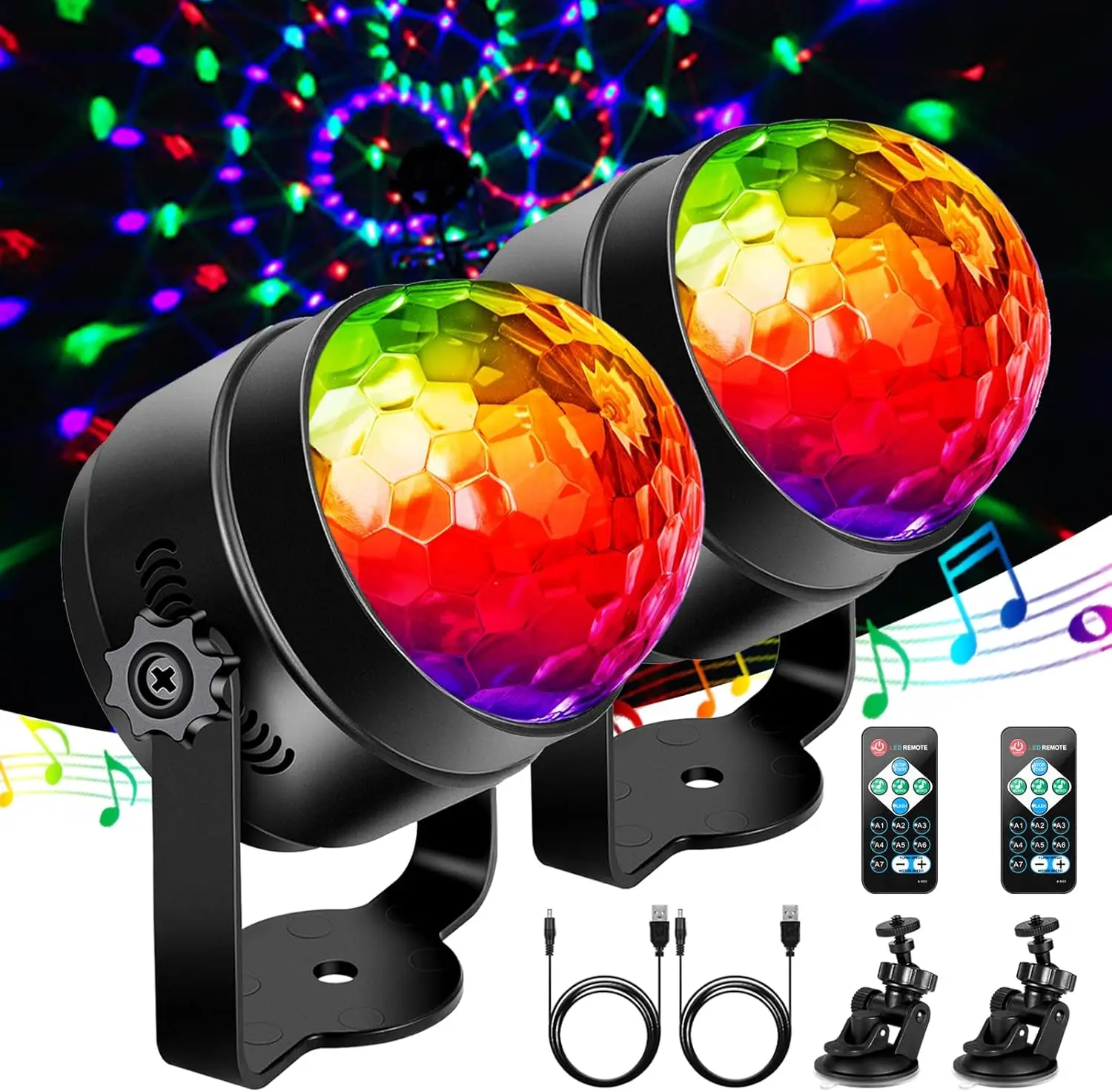 2 Packs Disco Ball 360° Rotating LED Disco Light with Music Activation and Remote Control 3W RGB Party Light, 4M USB Cable