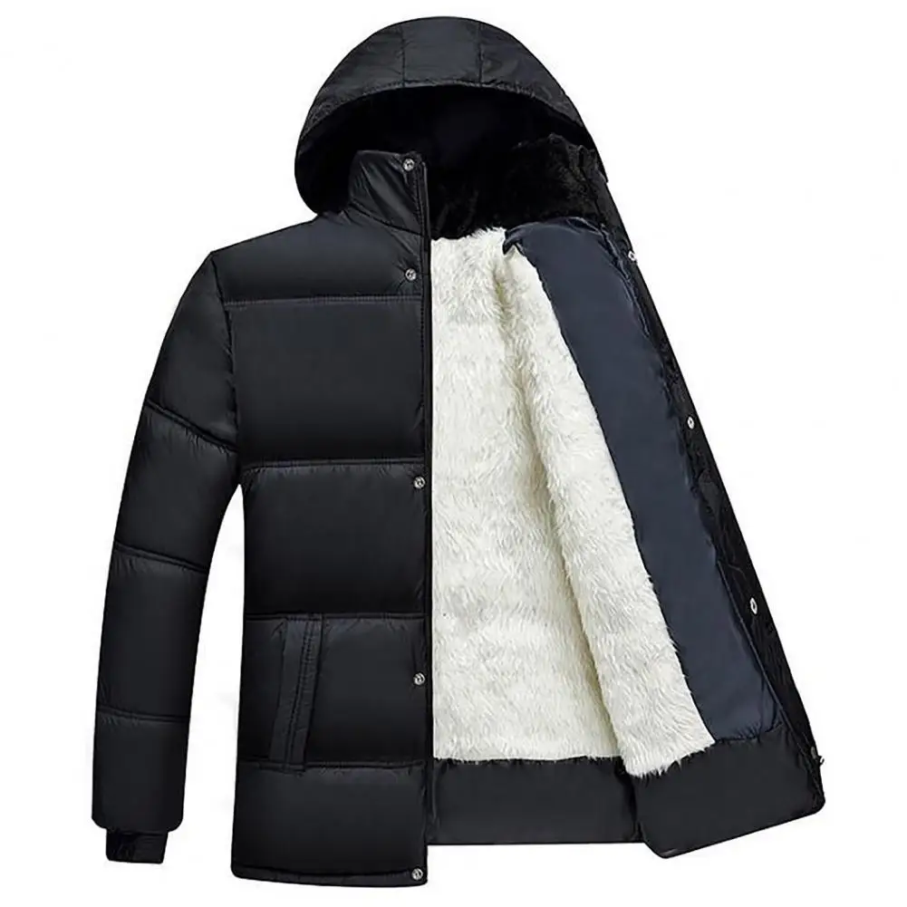 Comfortable Cotton Coat Mid-aged Men Winter Cotton Coat Padded Plush Windproof with Hood Button Closure Elastic Cuff Stylish Mid