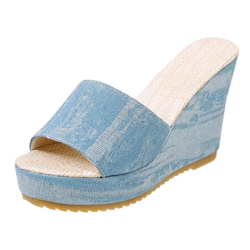 Slippers Women Summer Shoes Big Size On A Wedge Pantofle Slides Platform Heeled Mules Fashion Low Denim 2024 High Luxury PU Rome