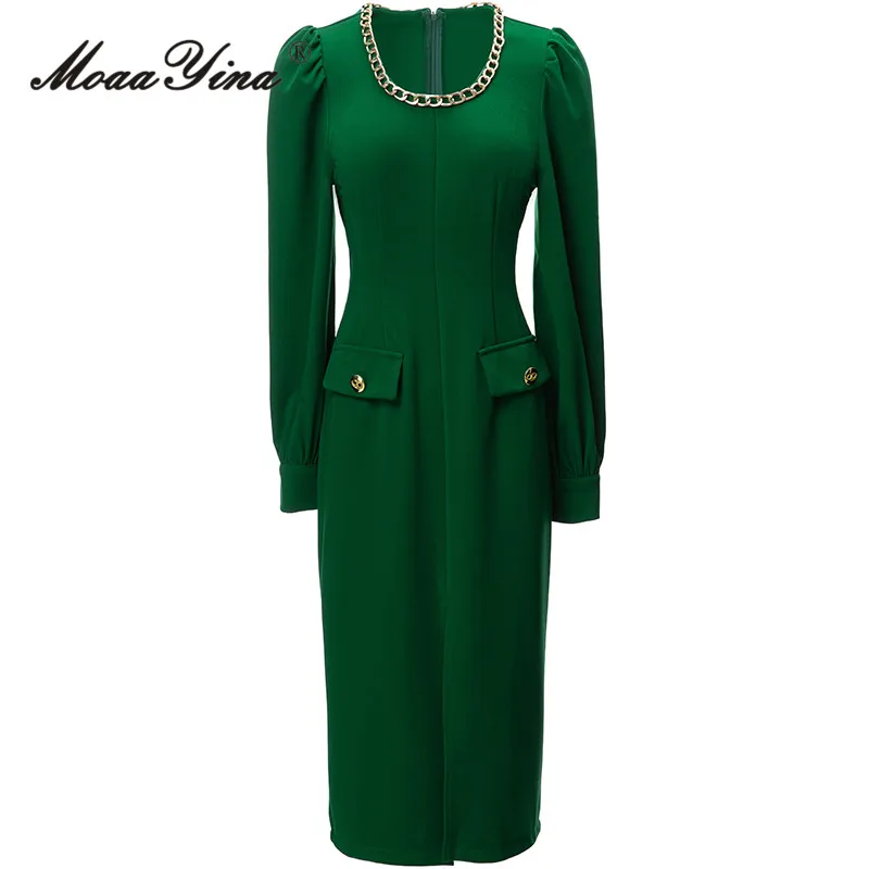 

MoaaYina Autumn Fashion Designer Green Vintage Party Dress Women O Neck Metal Chain Button Package Buttocks Slit Slim Long Dress