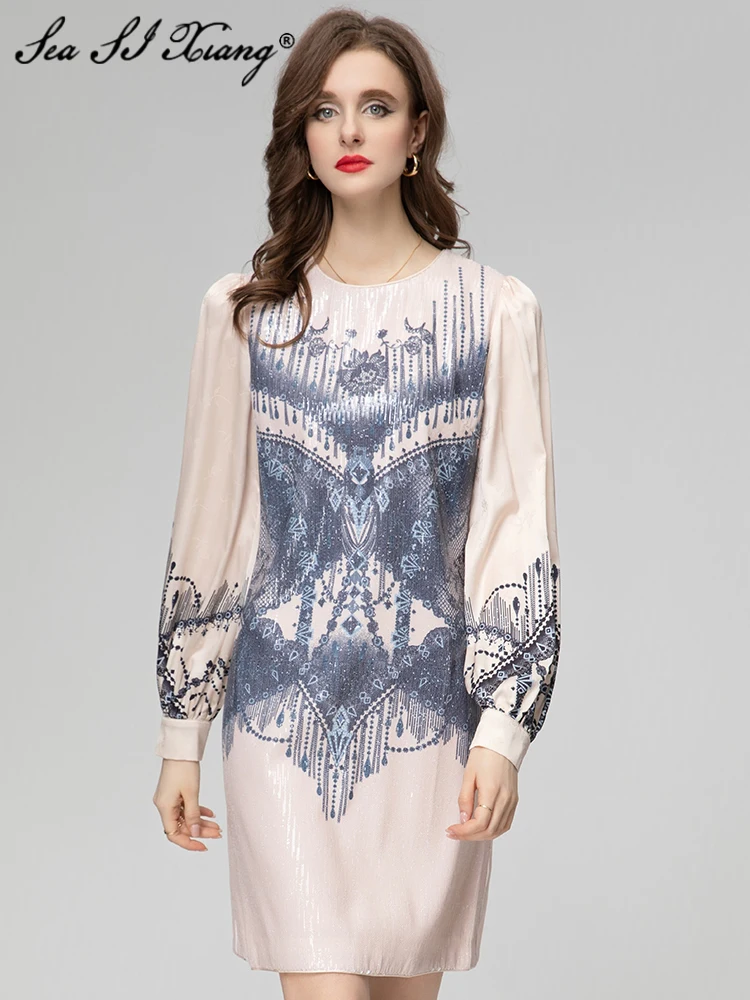 

Seasixiang Fashion Designer Spring Short Dress Women O-Neck Lantern Sleeve Sequins Vintage Print Dresses