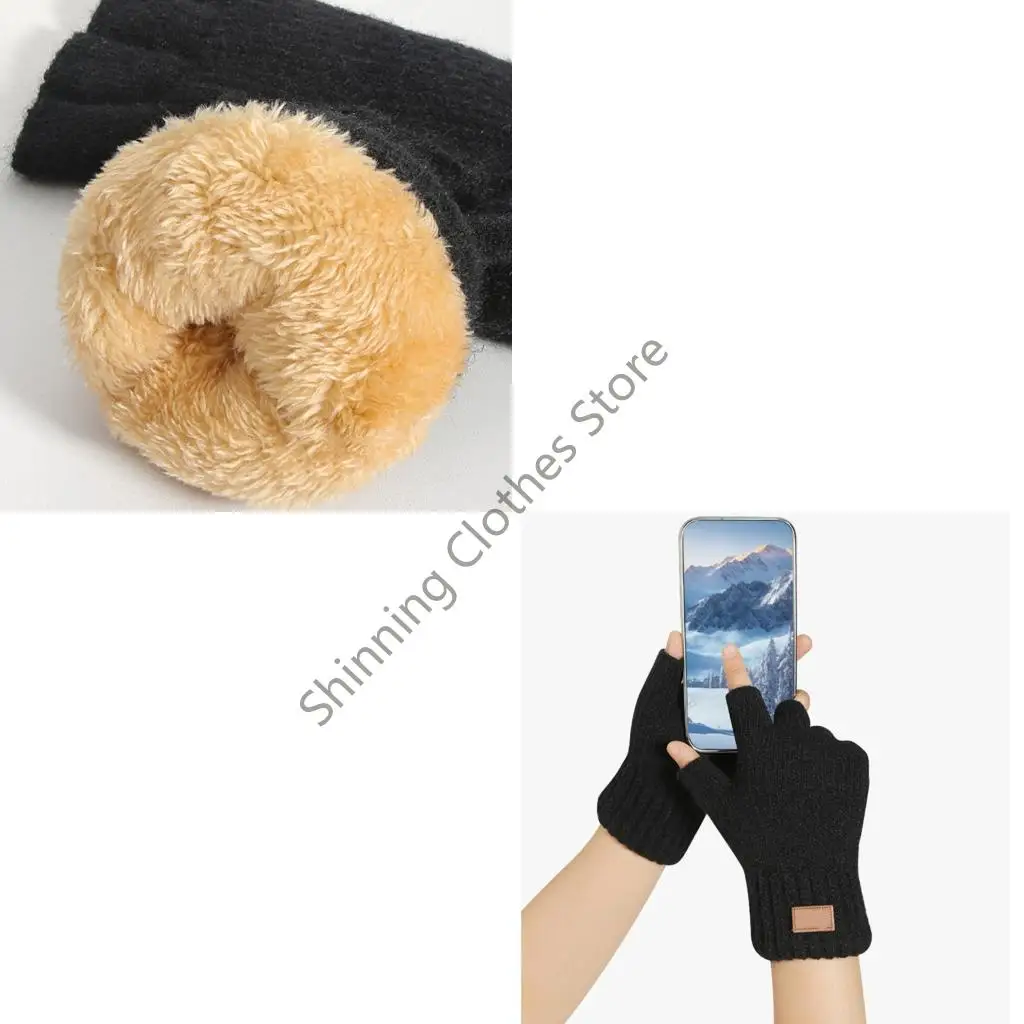 

M68A Double Layer Winter Half Finger Gloves With Fleece Lining Breathable Knitted Handwear For Writing Hiking Daily Commute