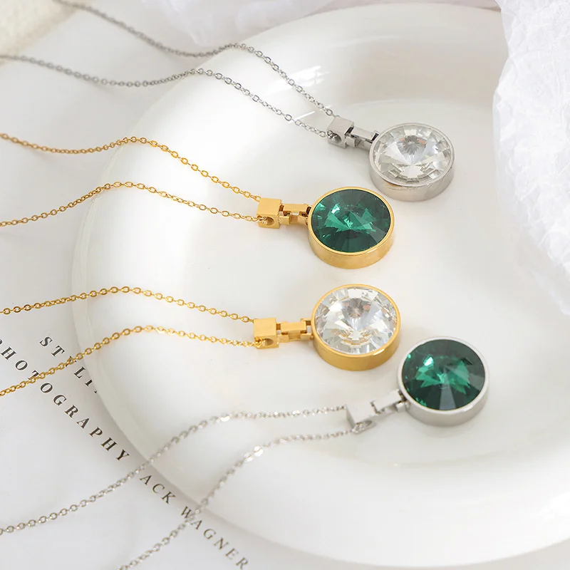 

Round Emerald White Necklace Stainless Steel Vintage Fashion Women Chokers Chain Bridesmaid Gift Cute Accessories Jewellery