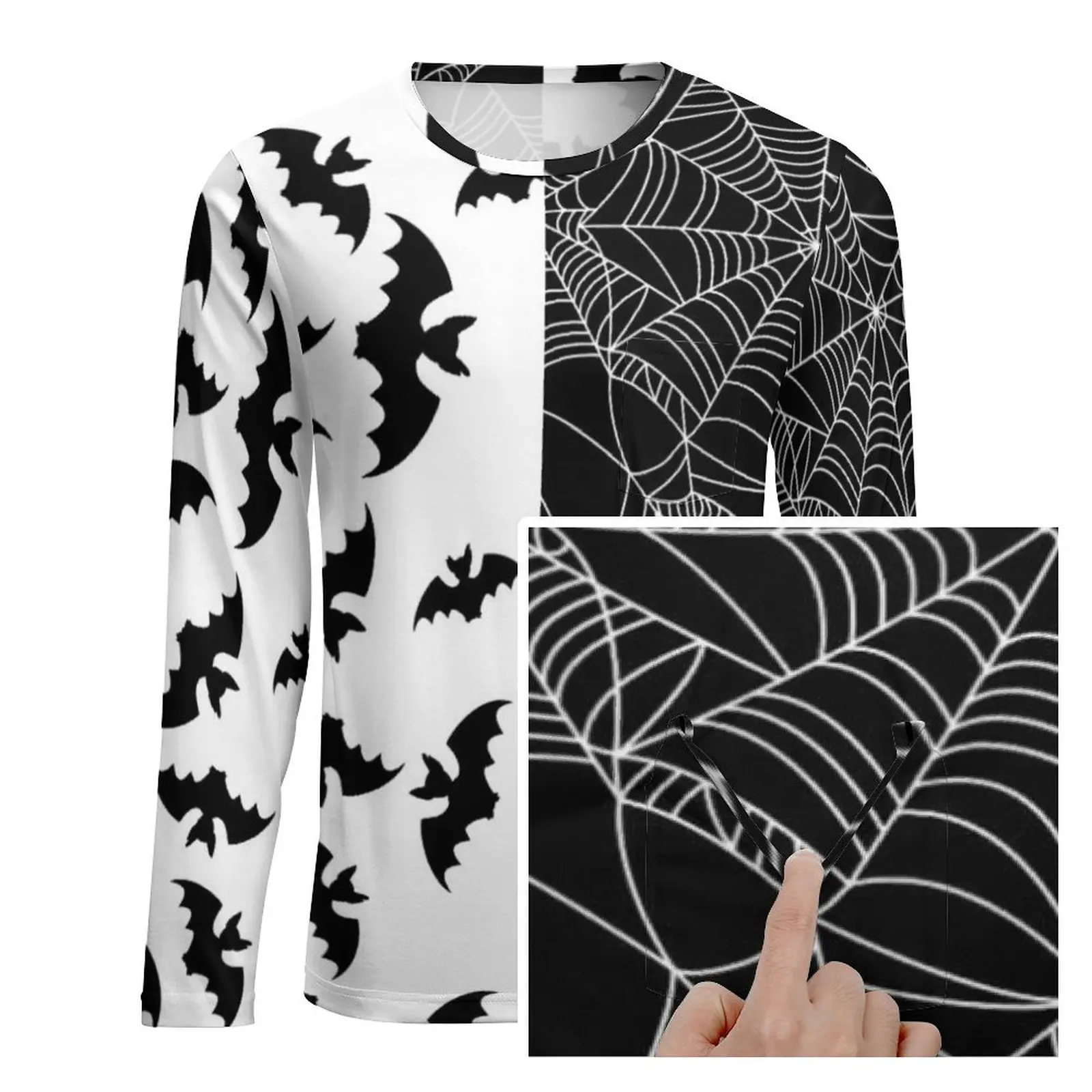 Black Bat T Shirt Autumn Webs Print Two Tone Kawaii T-Shirts Male Hip Hop Graphic Tee Shirt Plus Size