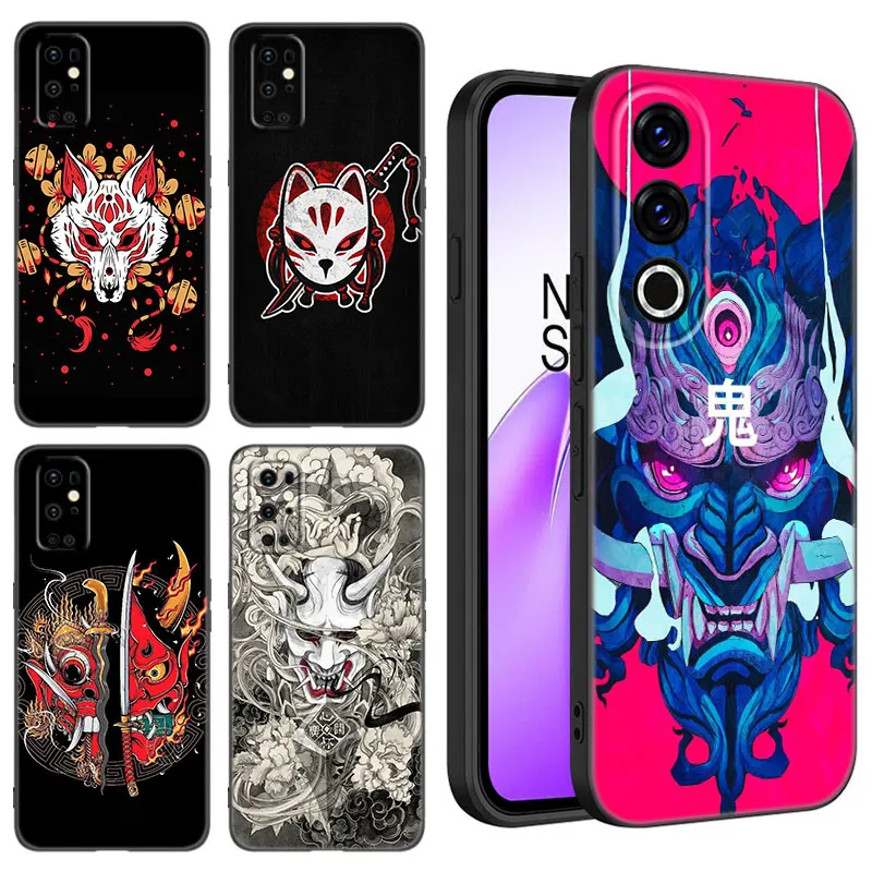 Japanese Samurai Mask Black Silicone Phone Case For OnePlus 10R 11R 12R ACE 2 3 Pro 2V 3V Nord CE 2 3 4 Lite N10 N20 N30 SE 5G