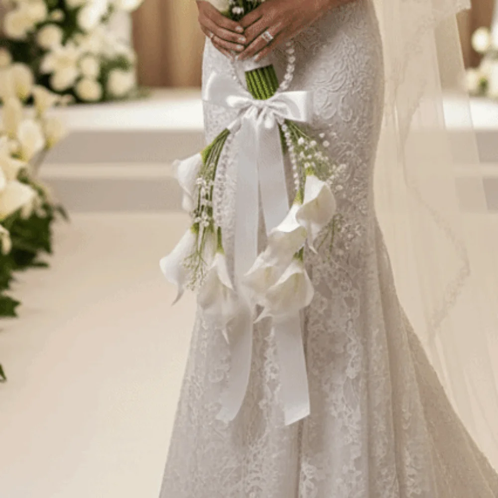 Pearl Handle Bridal Bouquet Satin Bowknot Creative Shape Wedding Flowers Handmade Craft Artificial Material Top Handle Bouquet