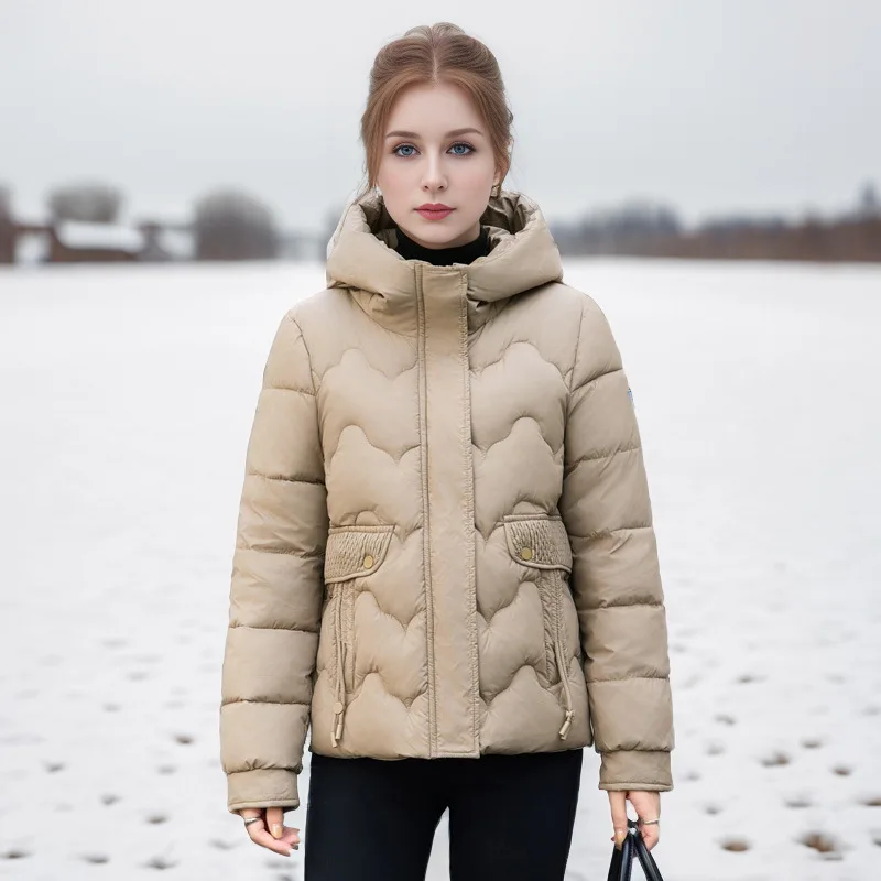 

Drawstring Winter Women's Parka Jacket Solid Stand Collar Hooded Zipper Fly Padded Coat For Female Slouchy-Style Lady's Jacket