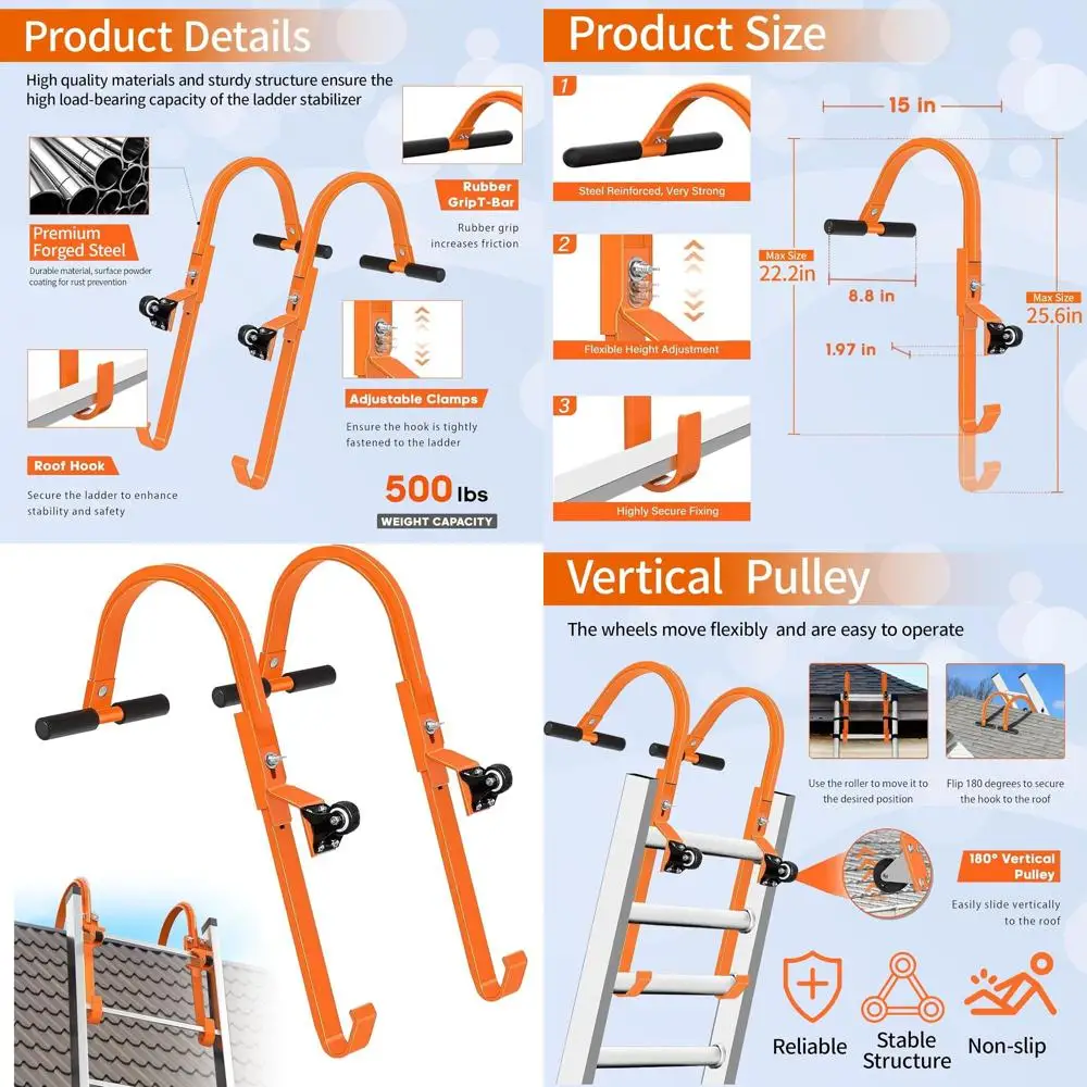 

2 Packs Ladder Hooks for Roof with Wheel, Heavy Duty Ladder Stabilizer with Rubber Grip T-Bar, 500 lb Load Capacity, Roof Ridge