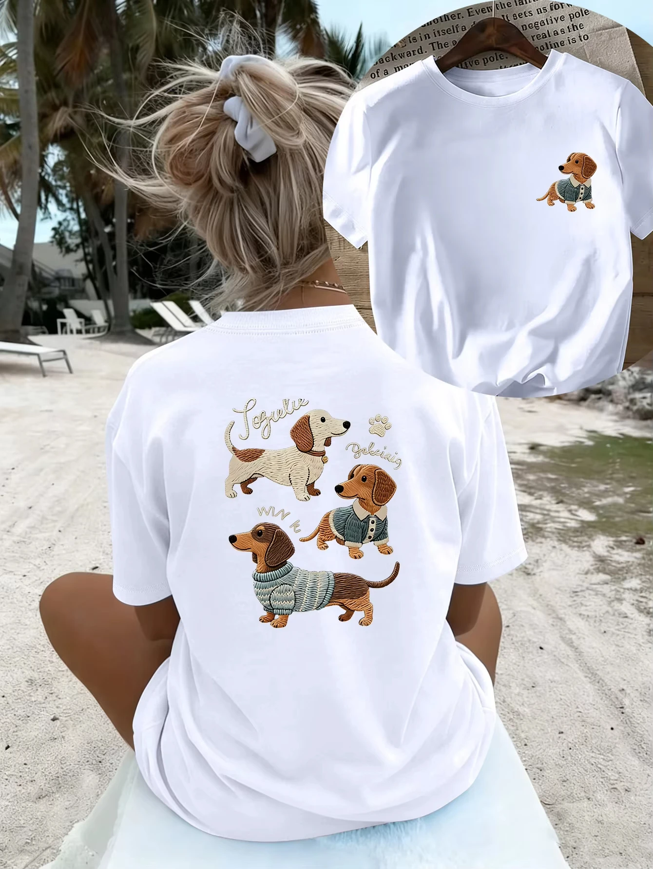 Unisex Cute Dachshund Dog Graphic T‑Shirt Faux Embroidery Style Front Back Print Crew Neck Short Sleeve Pet Lover Casual Tee Top