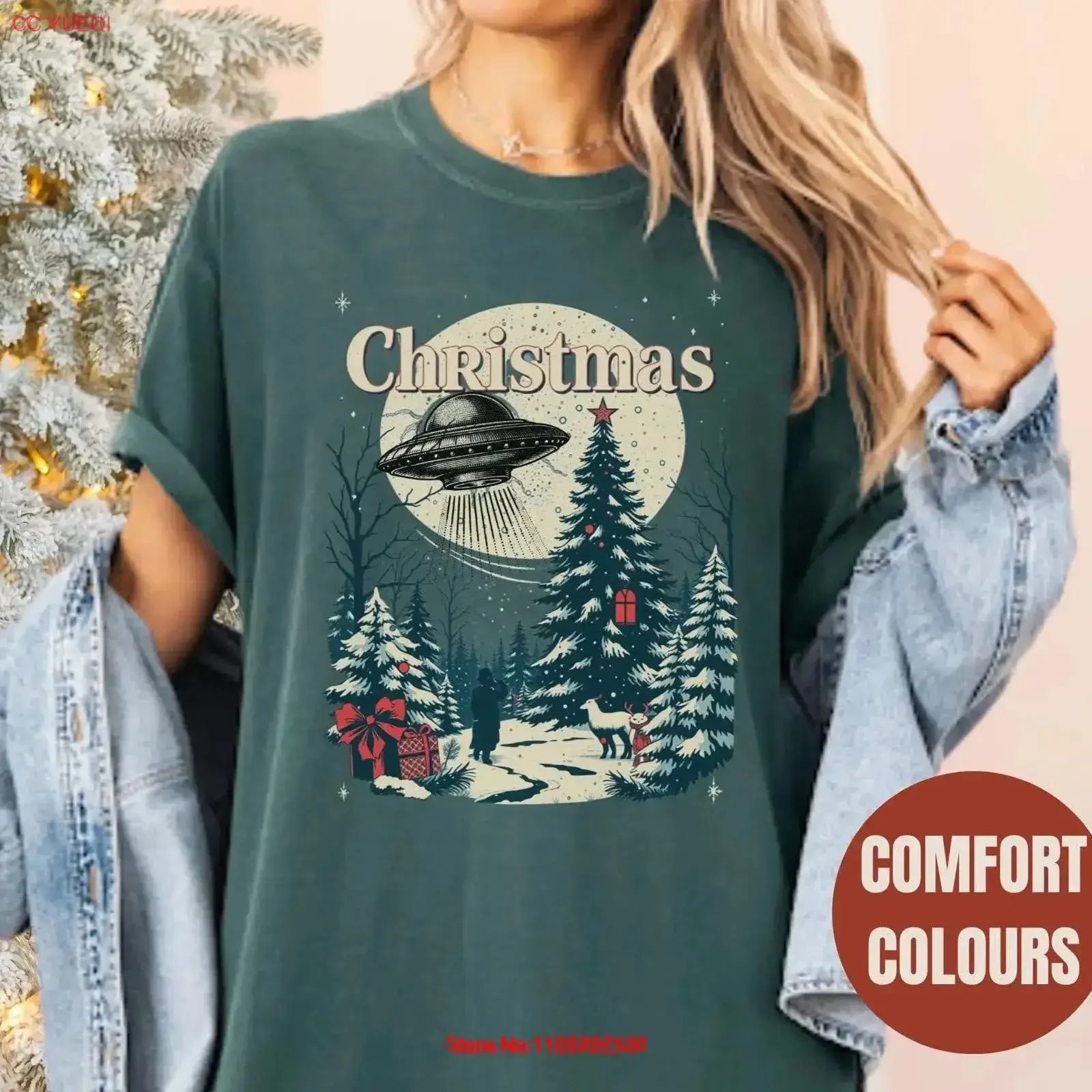 الرجعية UFO عيد الميلاد تي شيرت الراحة الألوان خمر نمط عيد الميلاد الغريبة الاختطاف مضحك الصحن الطائر خمر غسلها الموضة #1