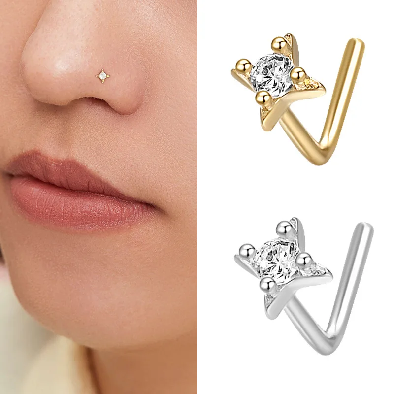 

S925 sterling silver L-bar four-pointed star zircon nose nail nose piercing nose ring popular piercing jewelry