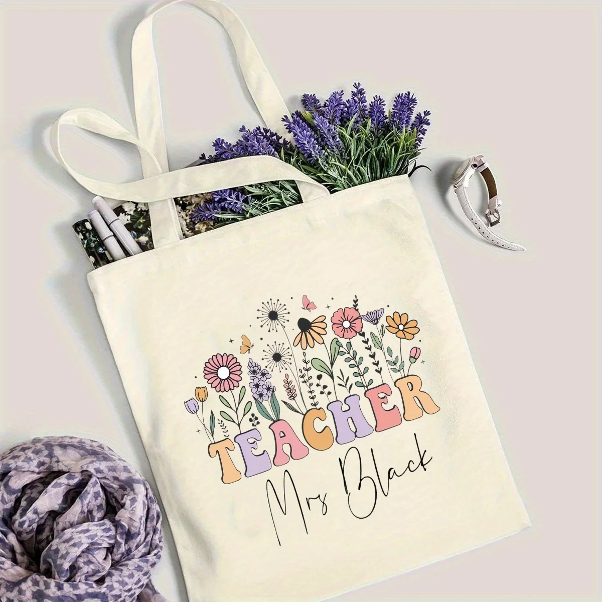 Customizable Creative Floral Colored Letter Design Shoulder Bag for Teacher's Day Featuring Personalized Text and Names