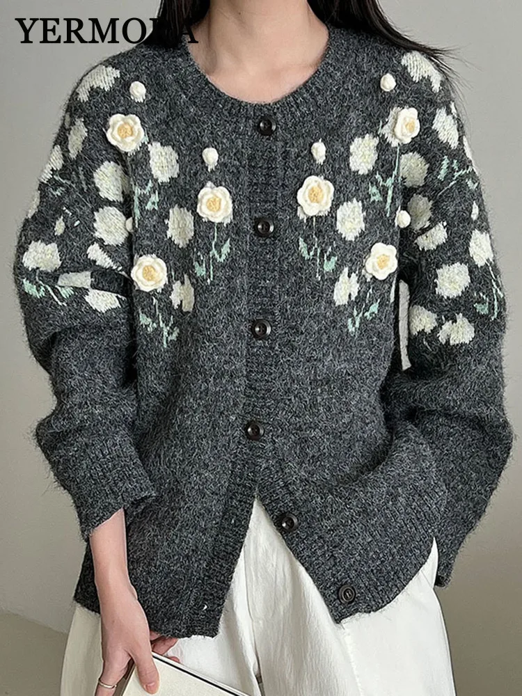 

YERMORA Gray Three-dimensional Flowers Knitting Cardigan For Women O-neck Long Sleeve Loose Sweater Fashion Spring Autumn 2025