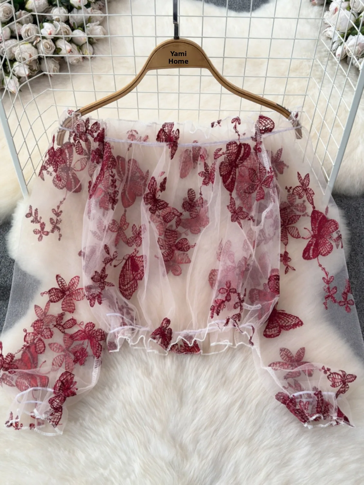 ルーズレースシャツ女性夏透明刺繍メッシュバブルスリーブショートカバーアップ長袖レーストップ通勤スタイル韓国語バージョン