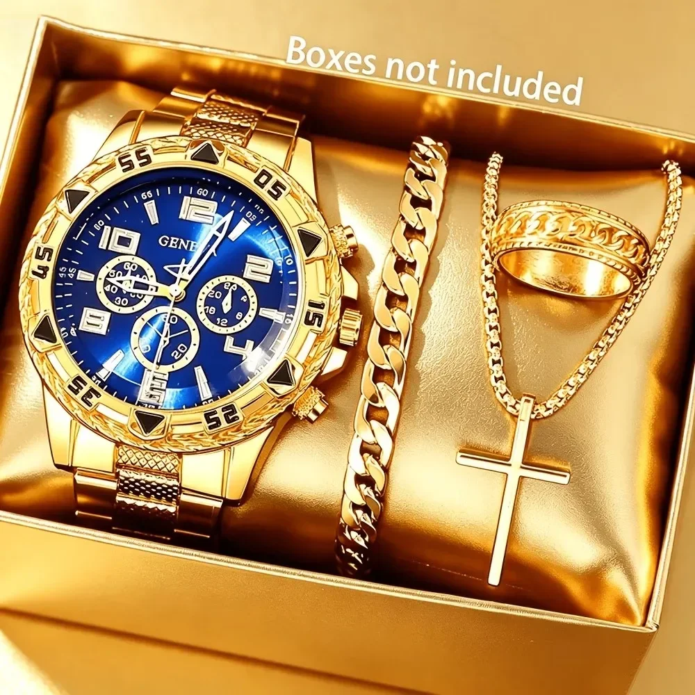 Men's Business Stainless Steel Quartz Watches, with Stainless Steel Strap, Analog Display, Includes Bracelet, Ring, and Necklace