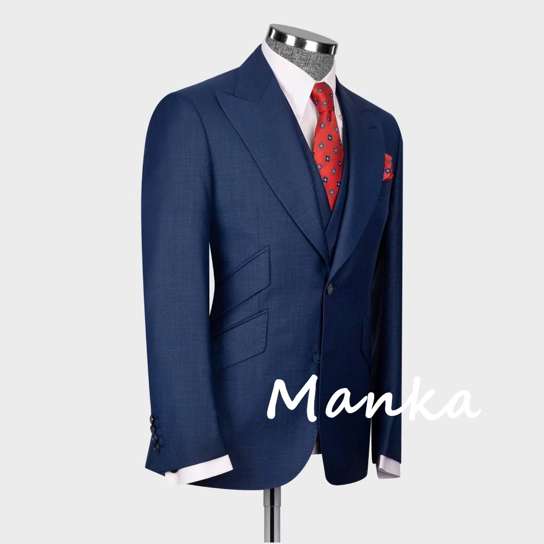 Elegante risvolto con visiera blu Navy abiti da uomo completi per lo sposo Prom Party 3 pezzi Blazer gilet pantaloni formale Business Office vestito maschile