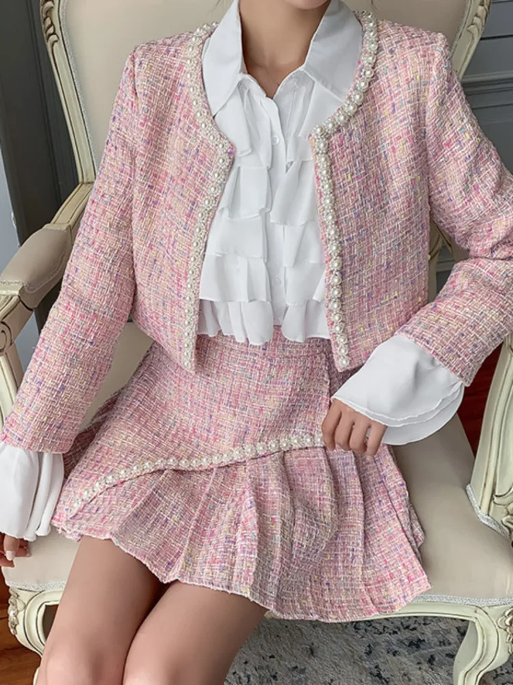 2024 Autumn Winter New Women Tweed 3 Piece Set Beading Short Coat + Pleated High Waist Pleated Skirt + Chiffon Shirts Outfits