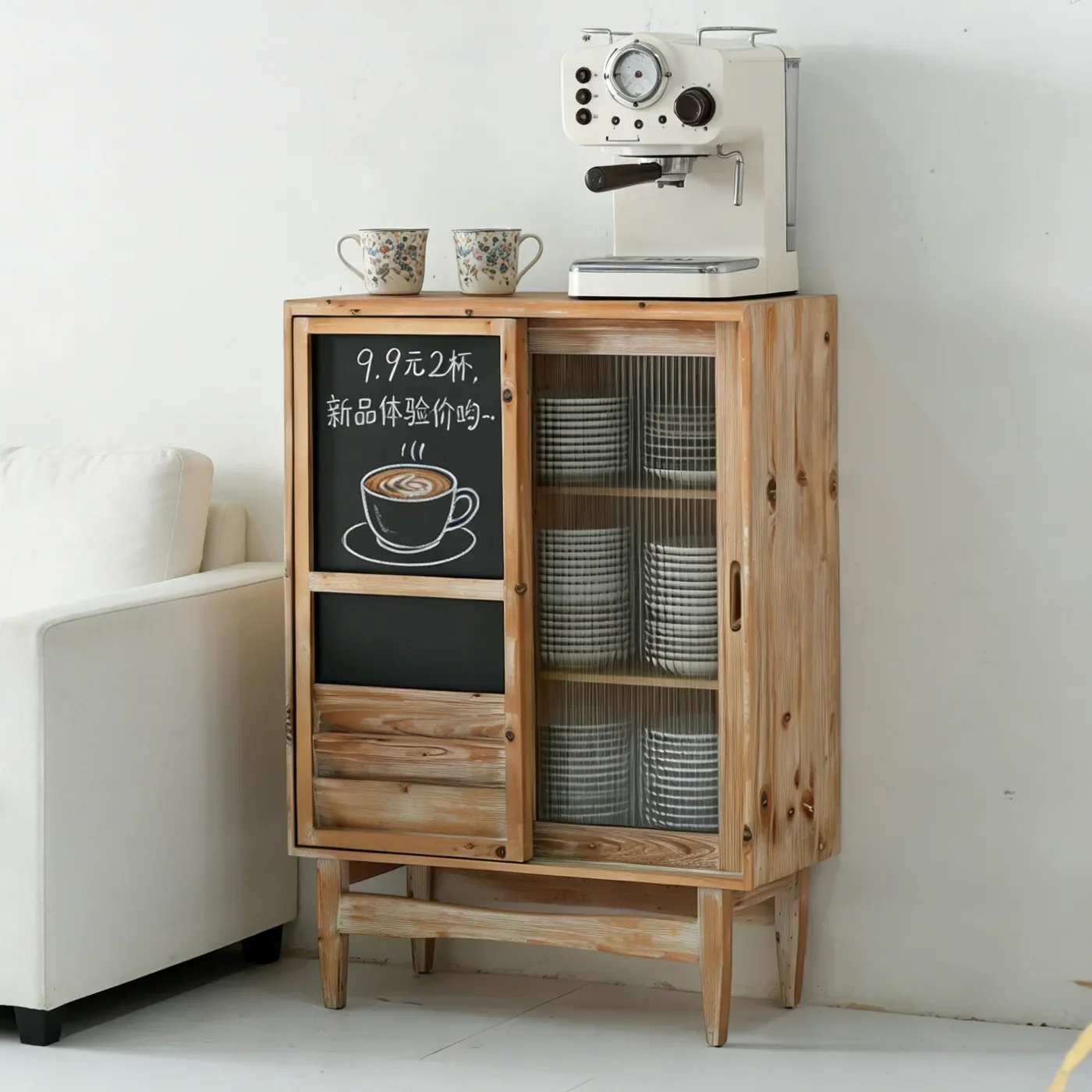 Japanese-style retro wood dining side multi-functional with blackboard wabi-sabi wind storage coffee side glass tea cabinet