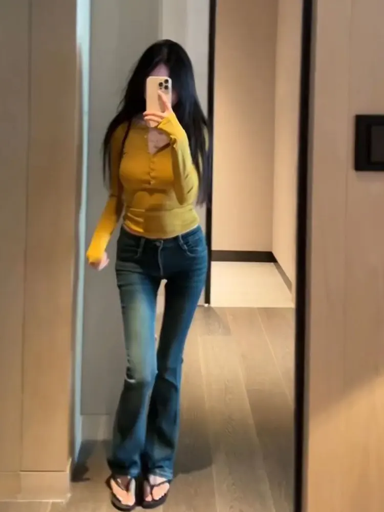 

Retro Spicy Girl Low Waist Slim Fit Jeans Women's Korean Sle Autumn New Micro Flared Long Pants Leg Lengthening Versatile