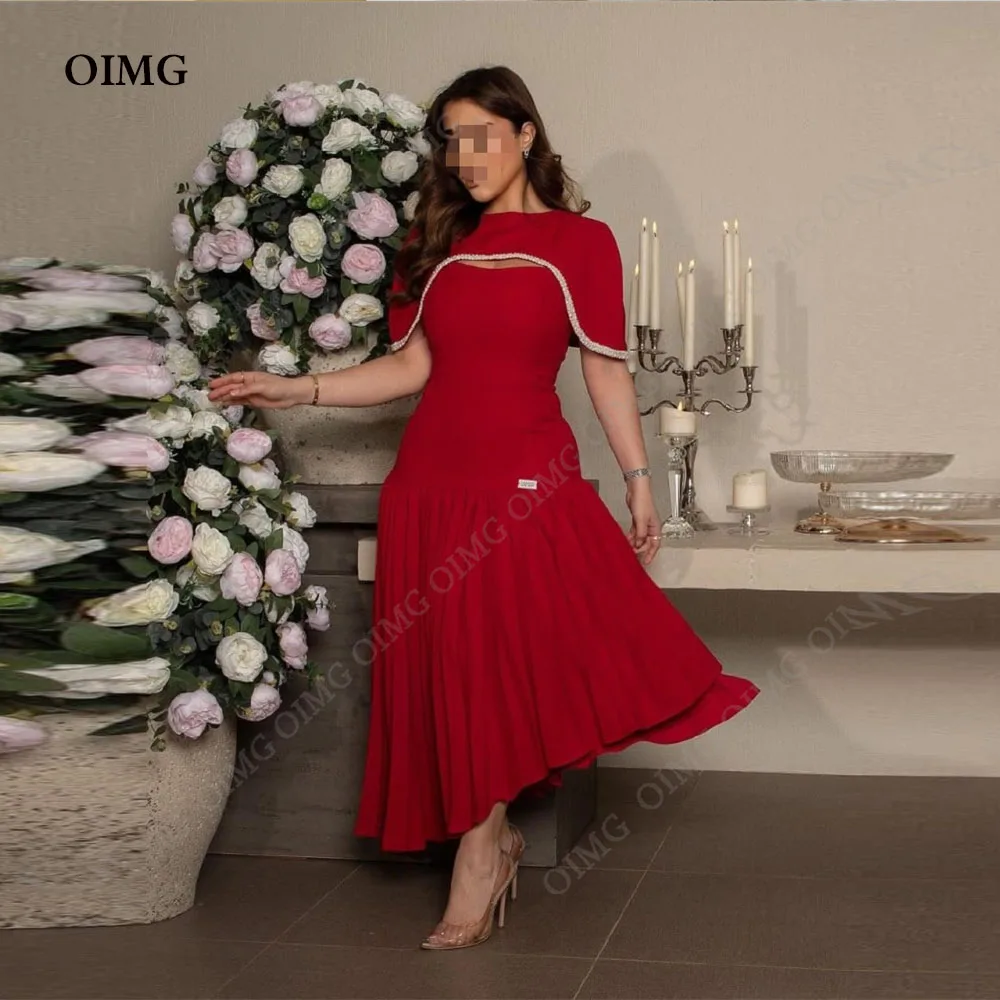 

OIMG Red Stretch Satin Prom Dresses A Line Short Cap Sleeve Ankle Length Women Formal Party Gowns vestidos de noche Outfit