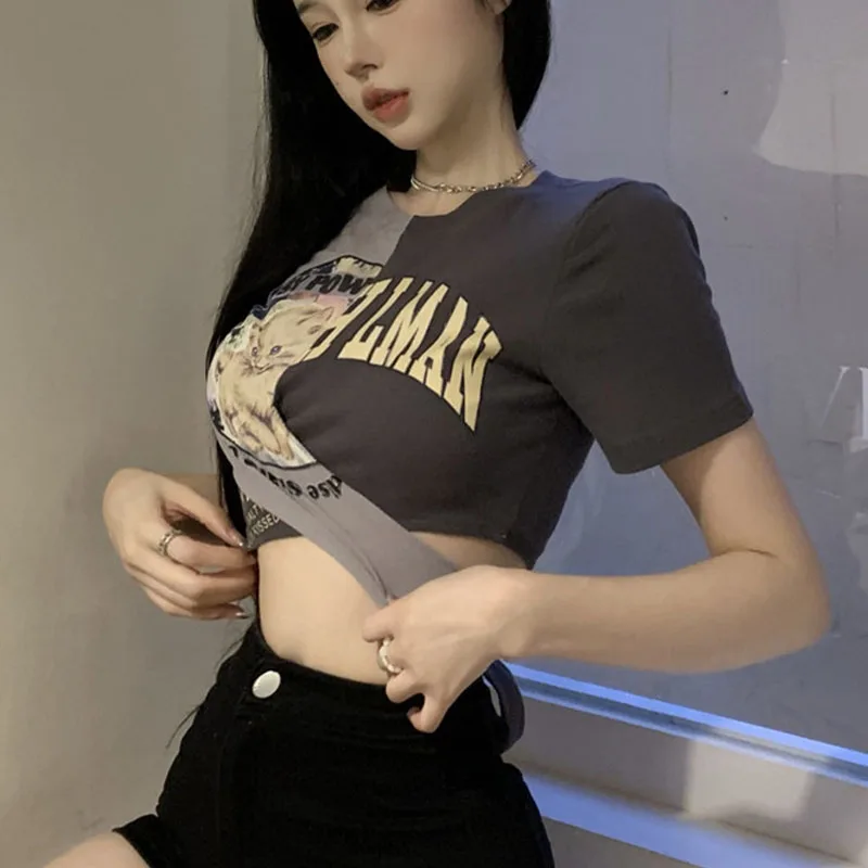 Camiseta Vintage de manga corta para mujer, Tops cortos con estampado, ropa de calle Harajuku Y2K, camisetas ajustadas informales sexys para mujer,