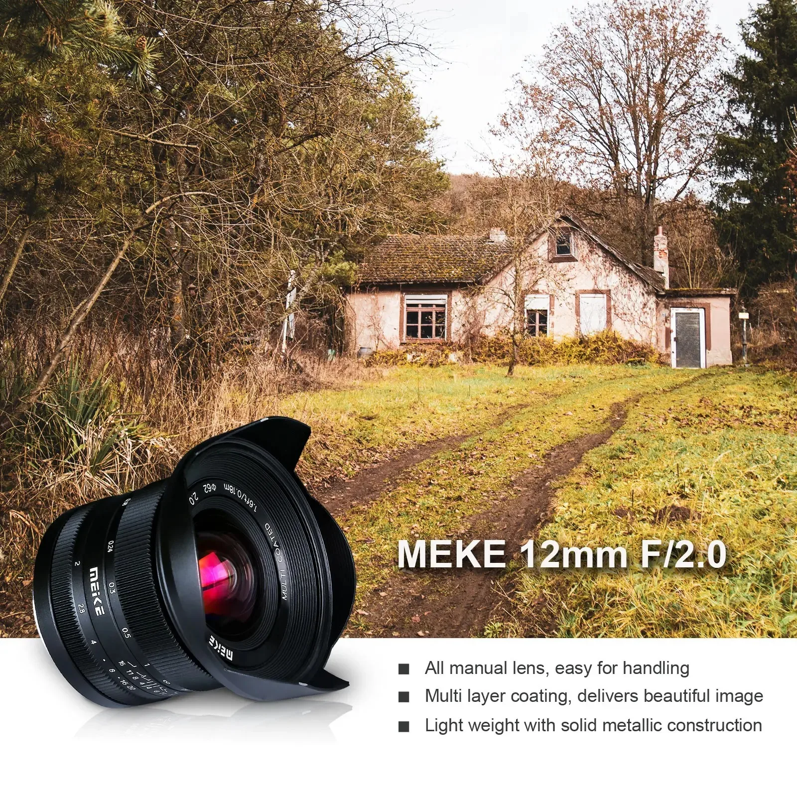 Meike 12mm F2.0 APS-C Manual Ultra Wide Angle Fixed Lens for Sony E Fujifilm X Panasonic Olympus M43 Mount Mirrorless Cameras