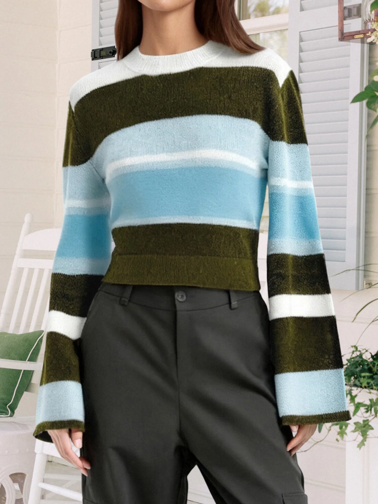 

Women Color Block Knitted Pullover Sweater with Turtleneck and Flared Sleeves for Stylish Winter Fashion