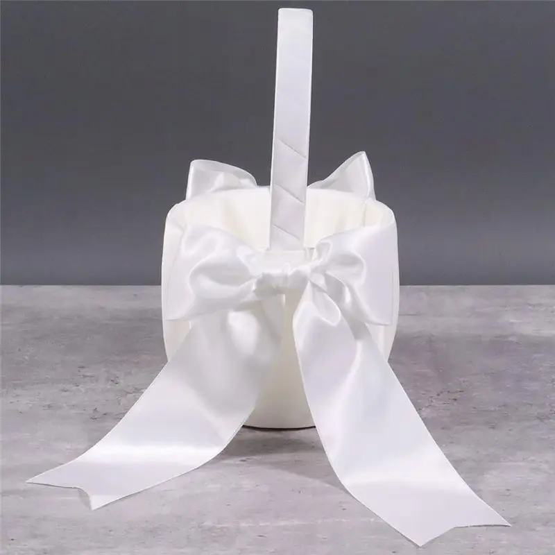1 Piece White Flower Girl Basket Wedding Basket For Flower Girls Cute Satin Flower Girl Basket-A50M